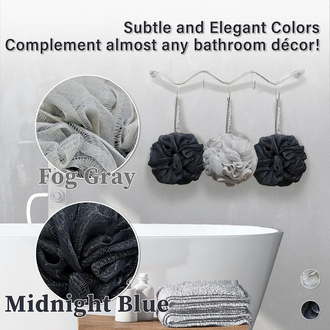 Myhomebody Large 70G Loofah Sponge, Body Scrubber, Bath Sponge, Loofah for Women, Men, Exfoliating Sponge Shower Pouf with Activated Charcoal - 3 Pack, 2 Midnight Blue + 1 Fog Gray