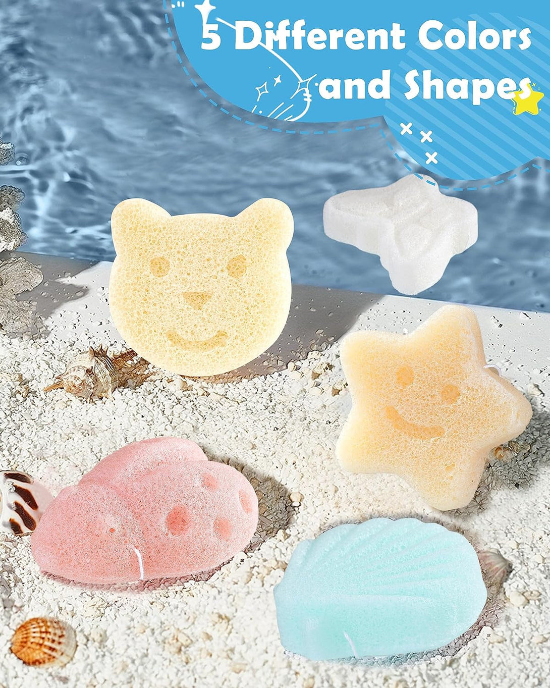 Mohern Konjac Baby Sponge for Bathing, 5Pcs Natural Cute Shapes, Kids Bath Sponges for Infants, Toddler Bath Time, Plant-Based, Extra Soft