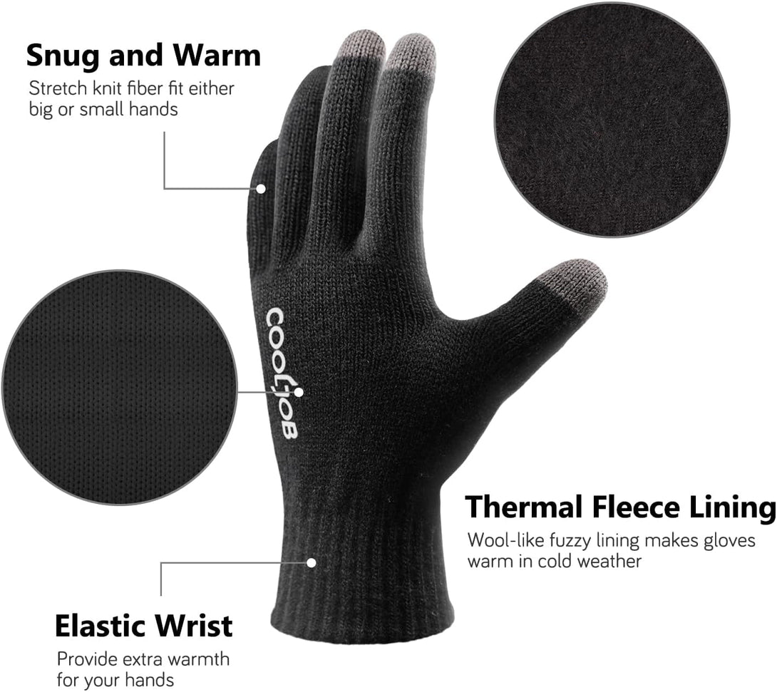 COOLJOB Warm Fleece Knit Winter Gloves for Men Women, Touch Screen Fingers, Non-Slip Silicone Grip and Elastic Cuff