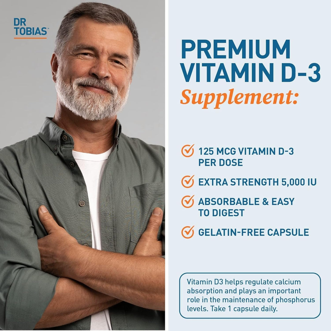 Dr. Tobias Vitamin D3 5000 IU, Essential for Healthy Bones, Teeth, and Immune System, Extra Strength Vitamin D Supplement, Non-Gmo, 90 Capsules, 90 Servings