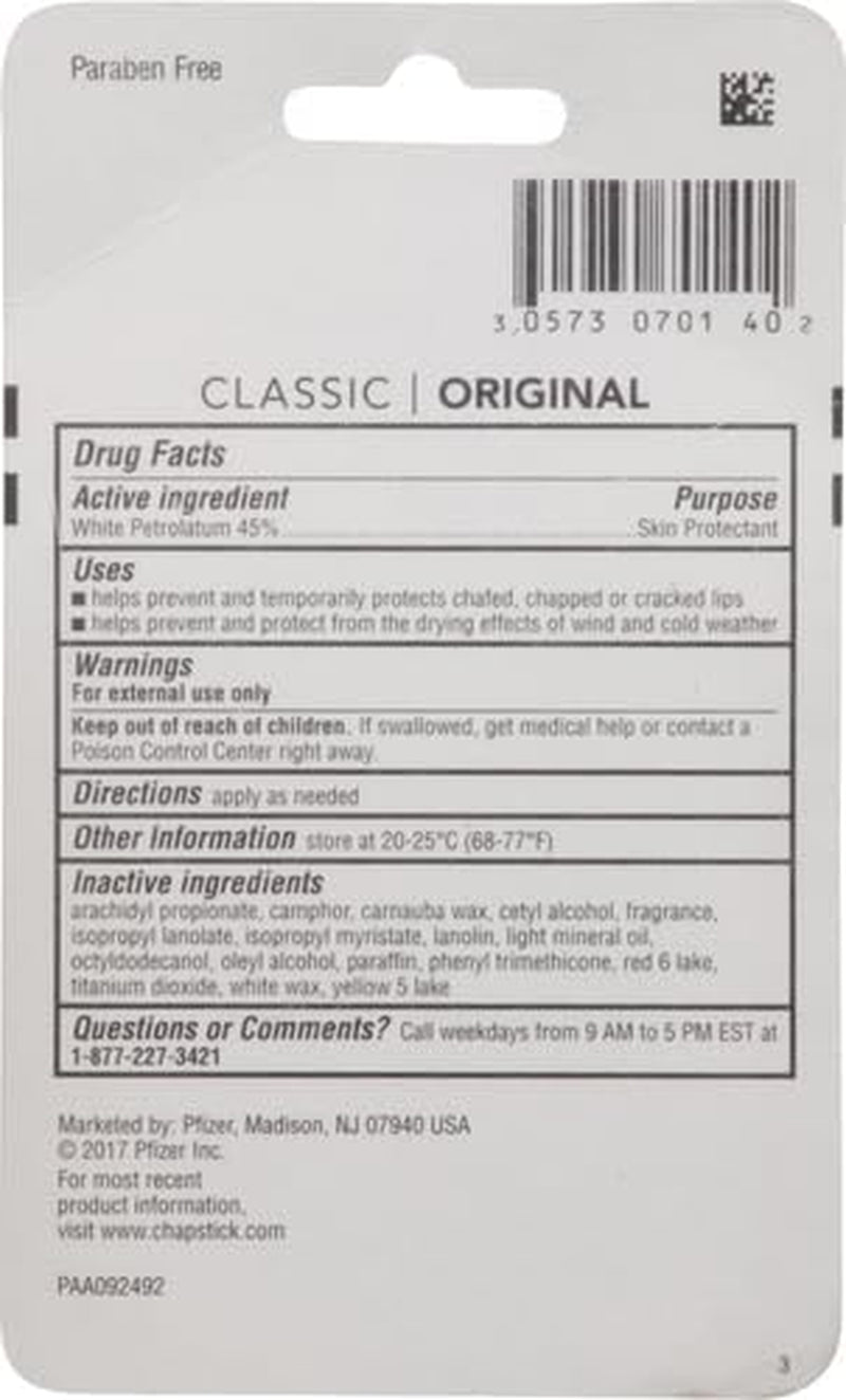 Chapstick Classic Original Lip Balm Tubes, Lip Care - 0.15 Oz (Pack of 3)