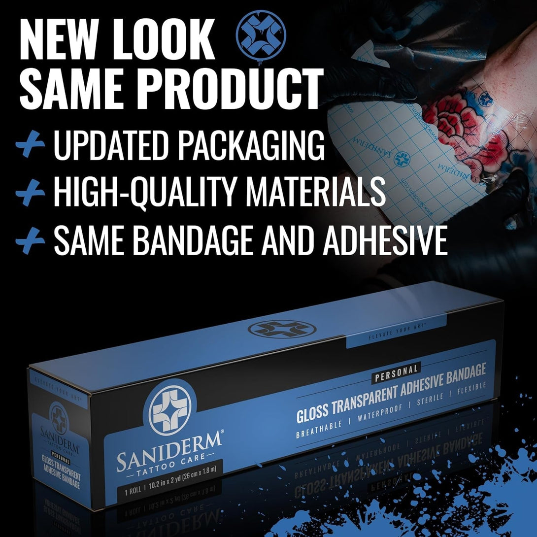 Saniderm Original Tattoo Aftercare Bandage (Personal Roll, 10.2 in X 2 Yd) – Convenient, Faster Tattoo Healing and Protection – Sterile, Waterproof, and Latex-Free Tattoo Aftercare Wrap – Gloss Finish