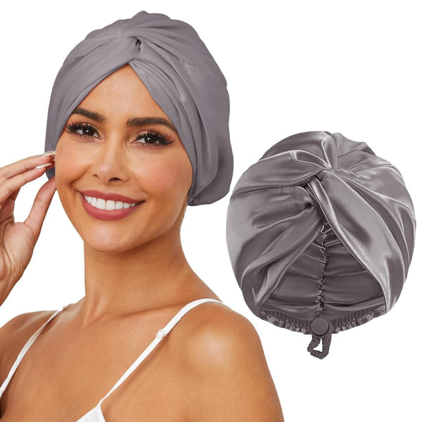 Adjustable Silk Satin Hair Bonnet for Sleeping, Double Layer Hair Wrap Sleep Cap Turban for Women Men, Curly Straight Long Large Braid Unisex (Charcoal Gray 45)