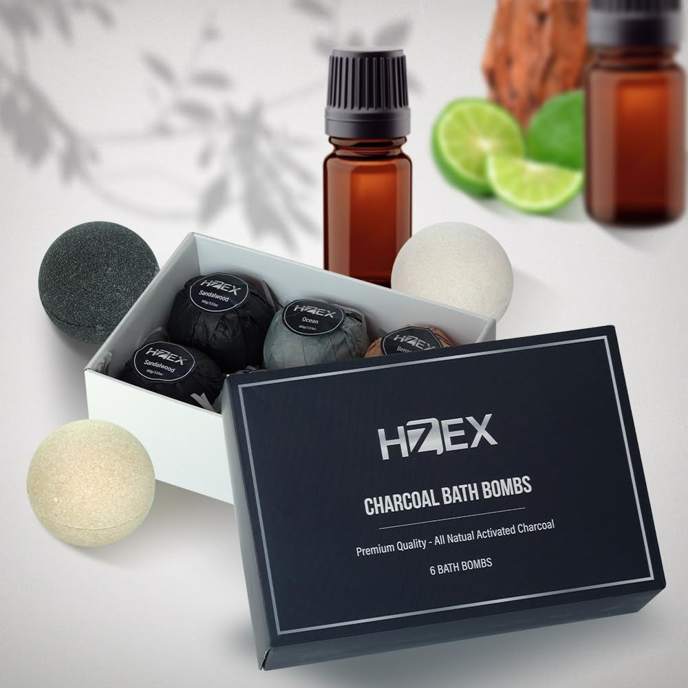 Bath Bombs, HZEX 6 Large Natural Luxury Charcoal Bathbomb Fizzes for Men Women, Organic Bath Bomb with Essential Oils and Shea Butter, Stress Relief and Relaxation, Detox with Charcoal Bathbombs