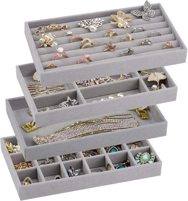 Stackable Velvet Jewelry Trays Organizer for Drawers, Small Jewelry Drawer Organizer Display Tray for Earring Ring Watch Bangle Bracelet Necklace, Set of 4, Gray