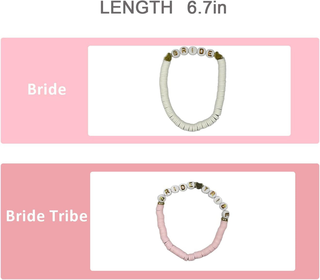 Bachelorette Party Favors, Wedding Gifts, 8 Pcs 6.7 Inch Pink Bride Tribe Clay Bead Bracelet Preppy Bracelet Stretch for Women Bridal Shower Decorations Boho Disc Party Beach Supplies (1White + 7Pink)