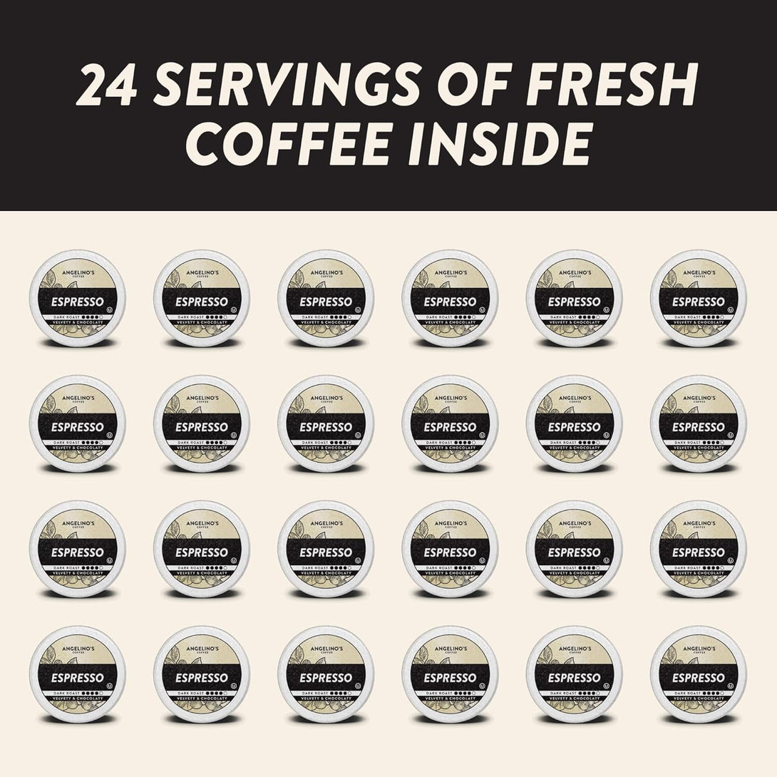 Angelino'S Coffee Espresso Pods Keurig Compatible - 24 Count, Dark Roast Coffee for Keurig K-Cup Brewers, Cafe Style, Best Strong Espresso Coffee Pods (24 Count, Espresso)
