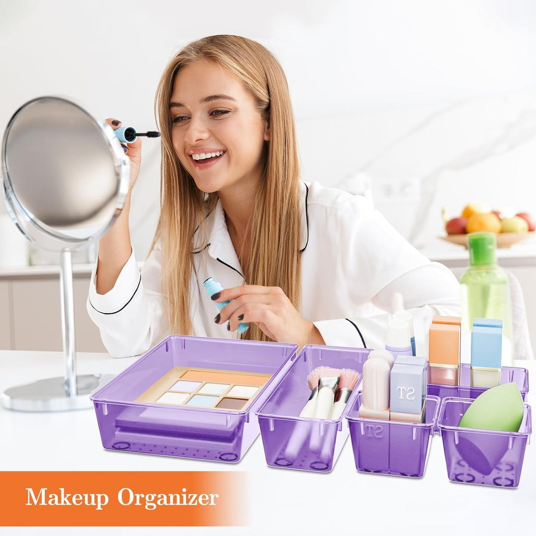 25 PCS Plastic Drawer Organizer Set, 4-Size Versatile Organizer Trays & Storage Bins for Makeup, Jewelry, and Gadgets in Bathroom, Bedroom and Office, Purple