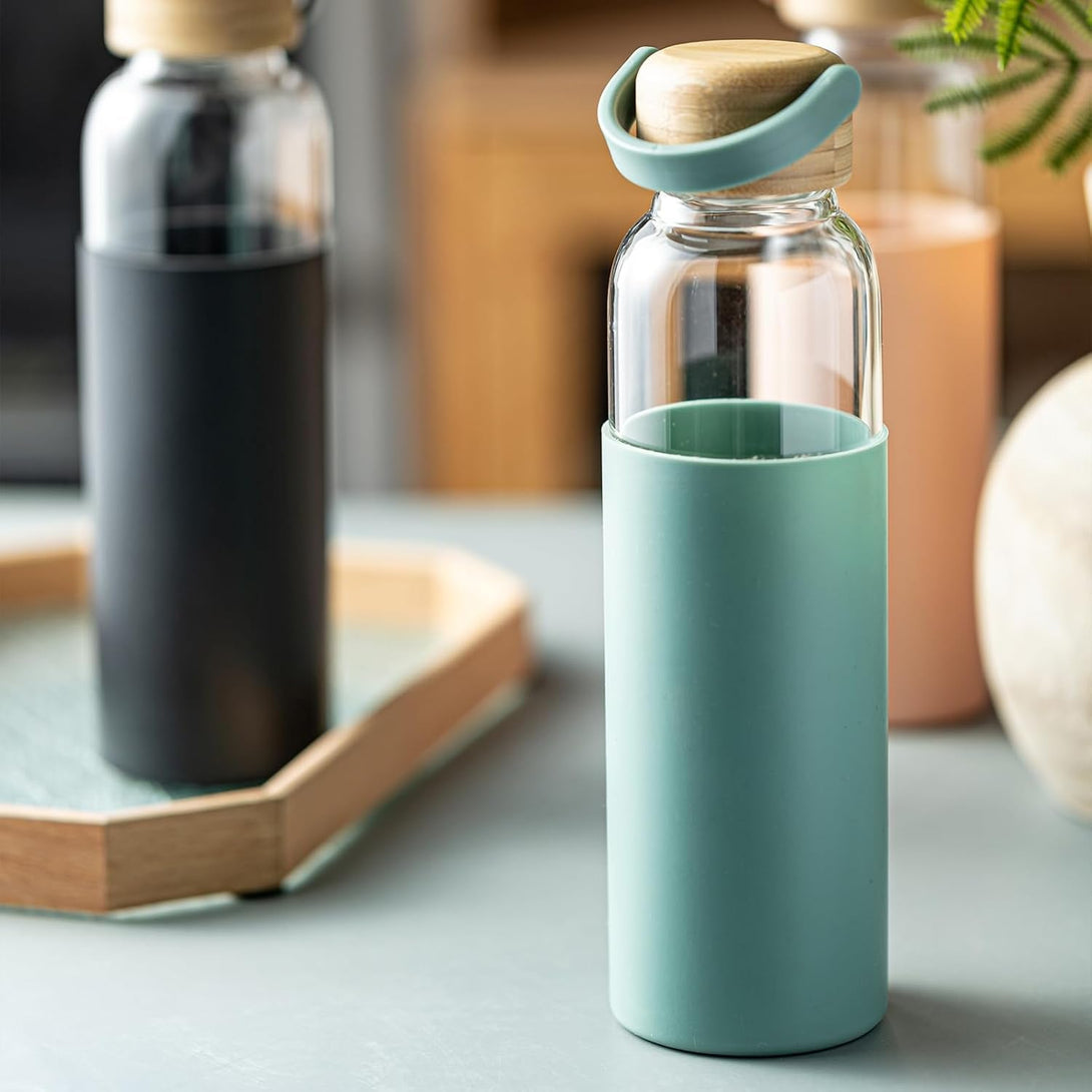 21Oz Borosilicate Glass Water Bottle with Non-Slip Sleeve & Leak-Proof Lid-Reusable Drink Bottle for Office,Travel,Gym,Hiking-Bpa Free,Ideal Gift for Home,Car & Fitness Enthusiasts (Green)