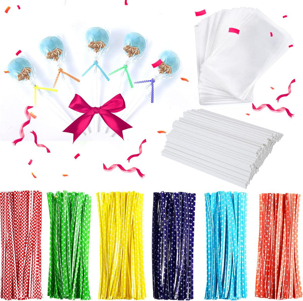 300Pcs 6Inch Lollipop Sticks, Cake Pops Sticks, Cake Pop Bags and Wrappers Chocolates and Cookies Set Including 100 Parcel Bags, 100 Papery Treat Sticks, 100 Colorful Metallic Twist Ties