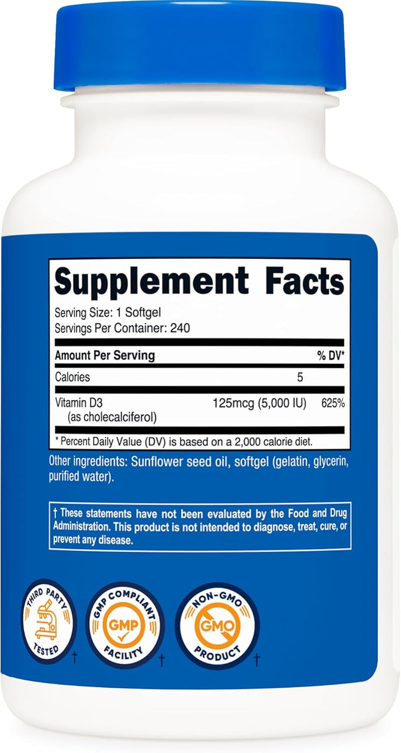 Nutricost Vitamin D3 5,000 IU (125Mcg), 240 Softgels - Non-Gmo and Gluten Free Vitamin D