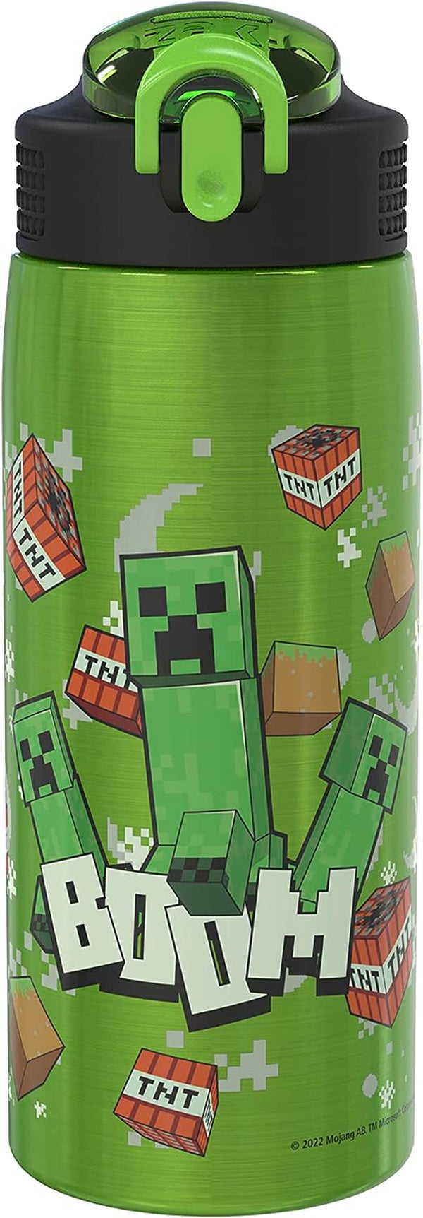Zak Designs Minecraft Water Bottle for Travel and at Home, 19 Oz Vacuum Insulated Stainless Steel with Locking Spout Cover, Built-In Carrying Loop, Leak-Proof Design (Creeper)