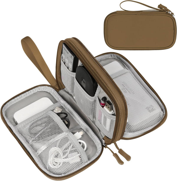 FYY Electronic Organizer, Travel Cable Organizer Bag Pouch Electronic Accessories Carry Case Portable Waterproof Double Layers All-In-One Storage Bag for Cable, Cord, Charger, Phone, Earphone Brown