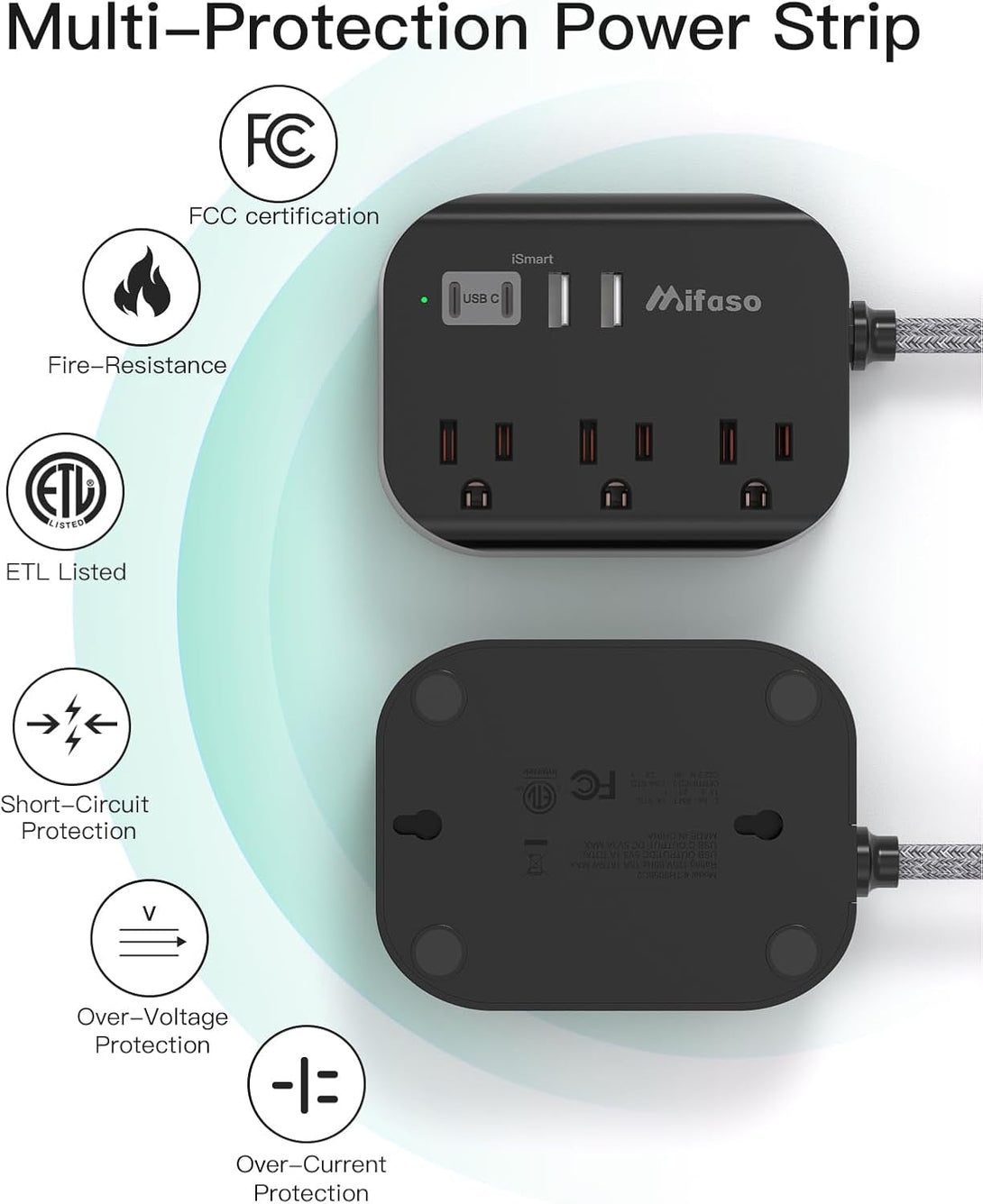 Cruise Ship Essentials - Mifaso Power Strip with USB, Mountable Flat Plug Power Strip with 3 Outlets 4 USB Ports(Smart 3.1A), 5Ft Braided Extension Cord, Compact for Cruise Ship, Travel, Home, Dorm