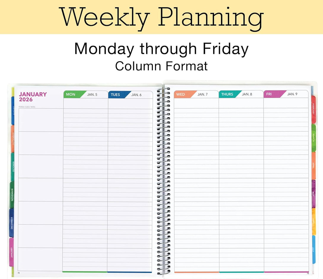 Aug 2025-Jul 2026 Lite Teacher Lesson Planner Notebook 8.5X11 Daily Weekly Monthly Organizers - Includes 7 Periods, Dated Calendar, Page Tabs, Bookmark, and Planning Stickers (Tree Seasons)