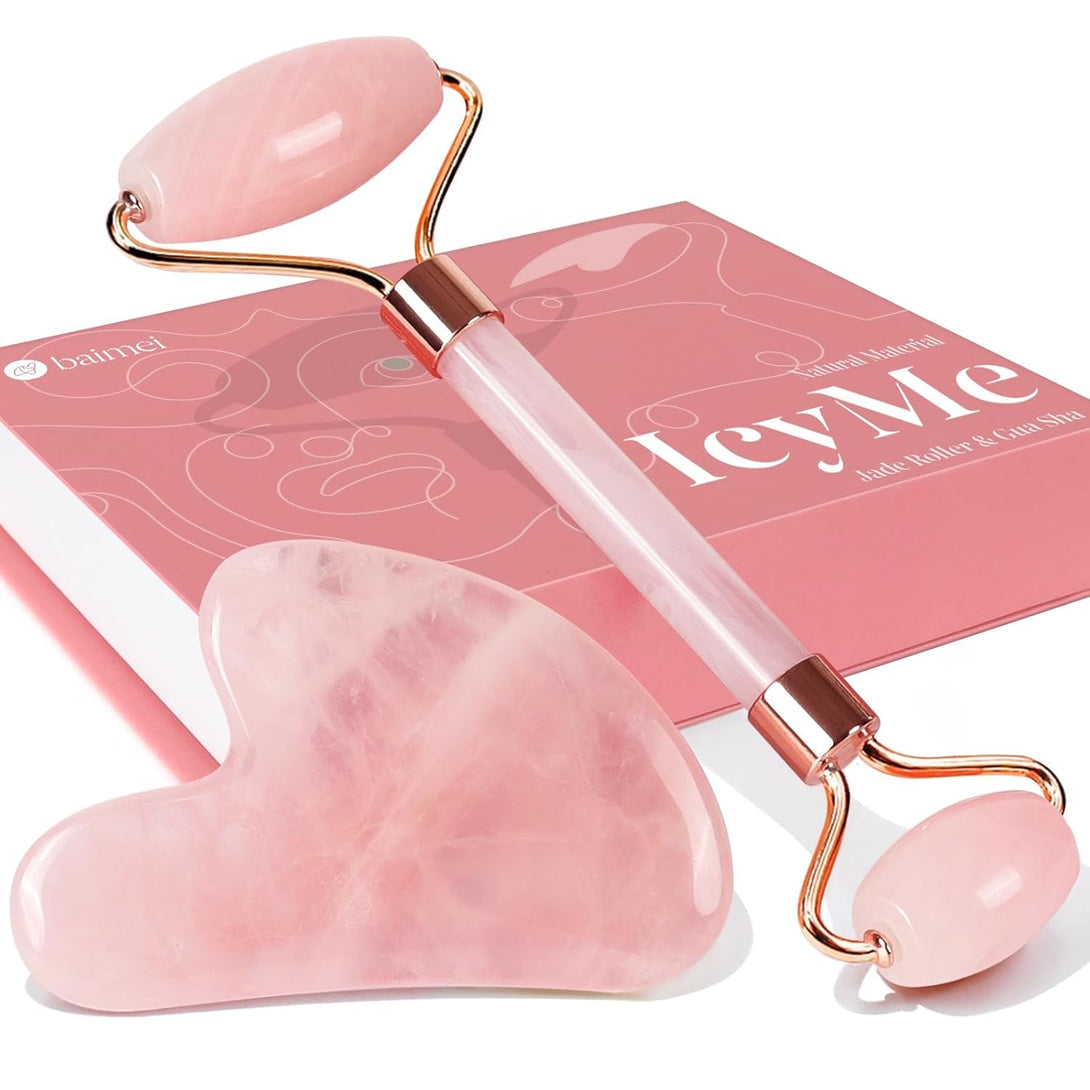 BAIMEI Icyme Jade Roller & Gua Sha, Face Roller Redness Reducing Skin Care Tools, Self Care Pink Gift for Men Women, Massager for Face, Eyes, Neck, Relieve Fine Lines and Wrinkles - Rose Quartz