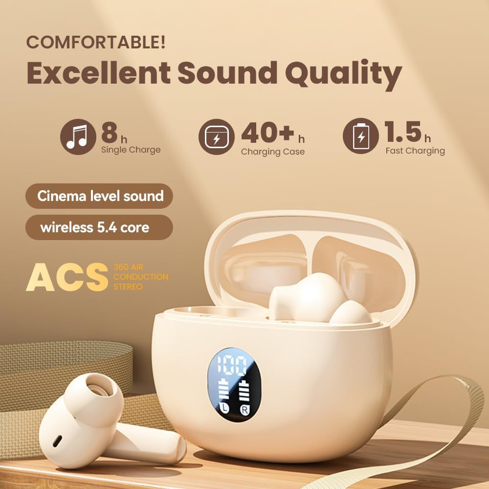 Wireless Earbuds Bluetooth, Ear Buds with Deep Bass, 48H Long Playtime, Power Display, IPX7 Waterproof in Ear Earphone with Mic for Phone Tablet Sports Workout (Off White)