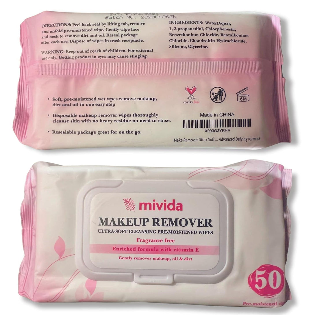 Mivida Hypoallergenic Makeup Remover Wipes | Daily Cleansing Facial Towelettes with Vitamin E for Sensitive Skin | 50 Count Fragrance-Free, Alcohol-Free Face Wipes