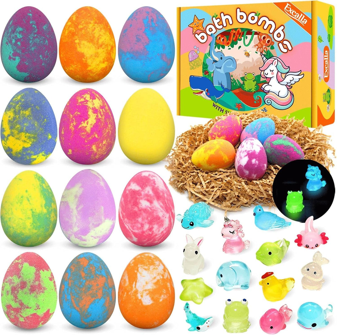 Easter Bath Bombs for Kids with Toys inside - Perfect Basket Stuffers, 12Pcs Kids Bath Bombs with Glow-In-The-Dark Surprise Inside, Handmade Bubble Bath Fizz Balls, Gentle and Kids Safe for Girls Boys