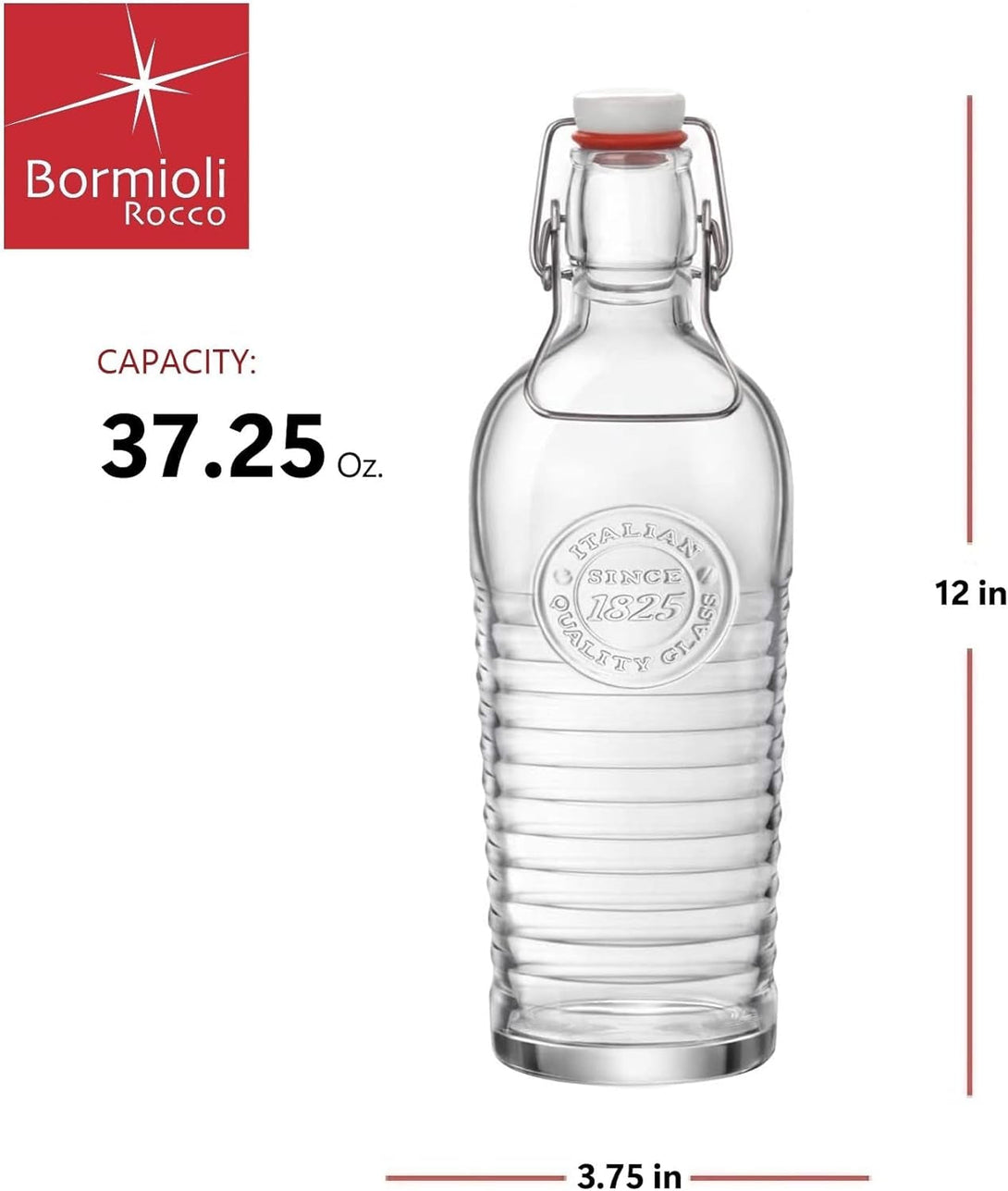 Bormioli Rocco Officina Water Bottle | 37.25 Oz, Italian Glass Pitcher | Airtight Seal & Metal Clamp | Easy to Carry Handle, Dishwasher Safe & Eco-Friendly | Safe for Infused & Carbonated Drinks