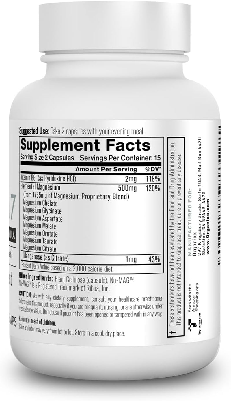 Organixx Magnesium Supplement, Natural Magnesium Capsules for Sleep Support, Muscle Recovery, with Vitamin B6 and Manganese Citrate and Glycinate, High Absorption, Vegan, Non GMO (30 Count)