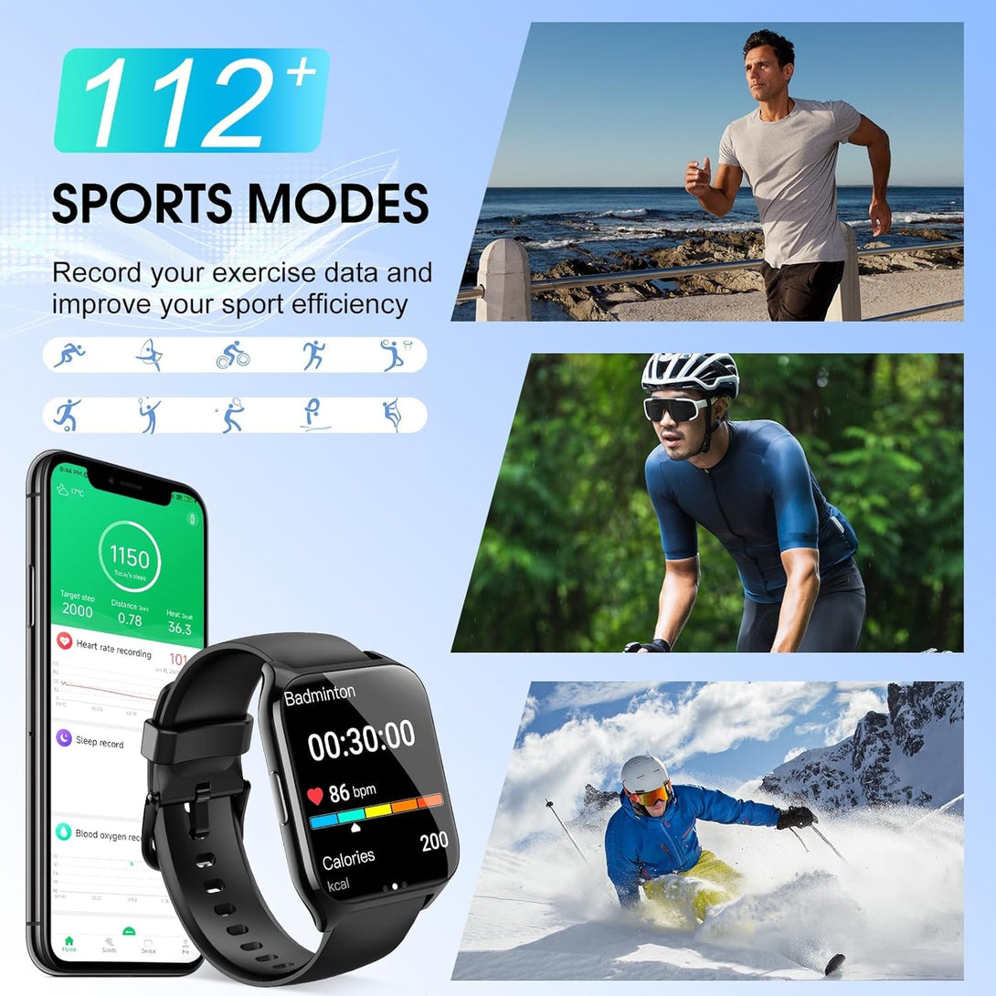 Smart Watch for Men Women(Answer/Make Calls), 1.85" HD Touch Screen Fitness Watch with Sleep Heart Rate Monitor, 112 Sports Modes, IP68 Waterproof Activity Trackers Compatible with Android Ios, Black