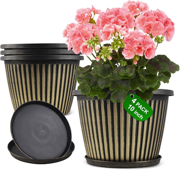 Planter-Pots-For-Plants-Indoor-Outdoor, 4 Pack 10 Inch Plastic Flower Pots with Saucer & Drainage Holes, Modern Garden Planters for Planting Medium Large Plants，Decorative Resin Garden Pots