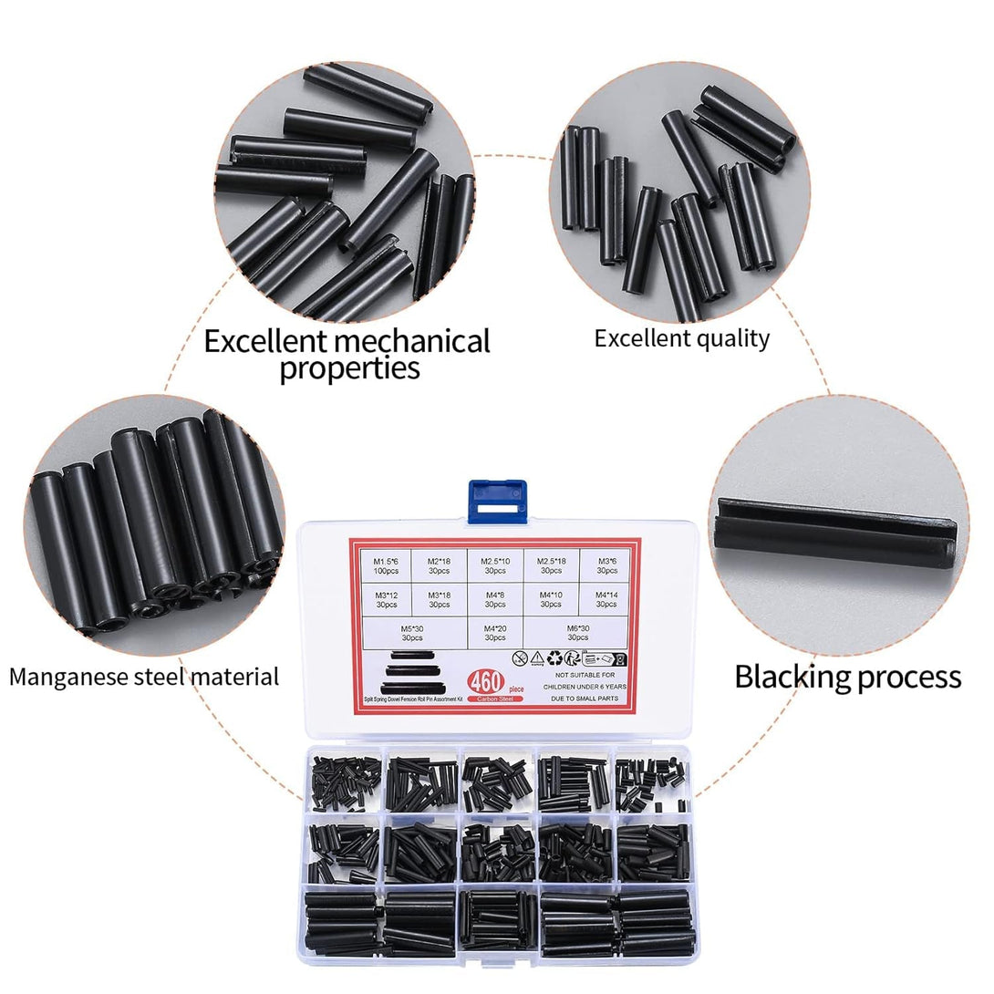 460 Pcs Roll Pin Assortment Set, Slotted Metric Spring Pins, Split Expansion Dowel Tension Roll Pins, Split Expansion Spring Steel Pin Set - M1.5/M2/M2.5/M3/M4/M5/M6
