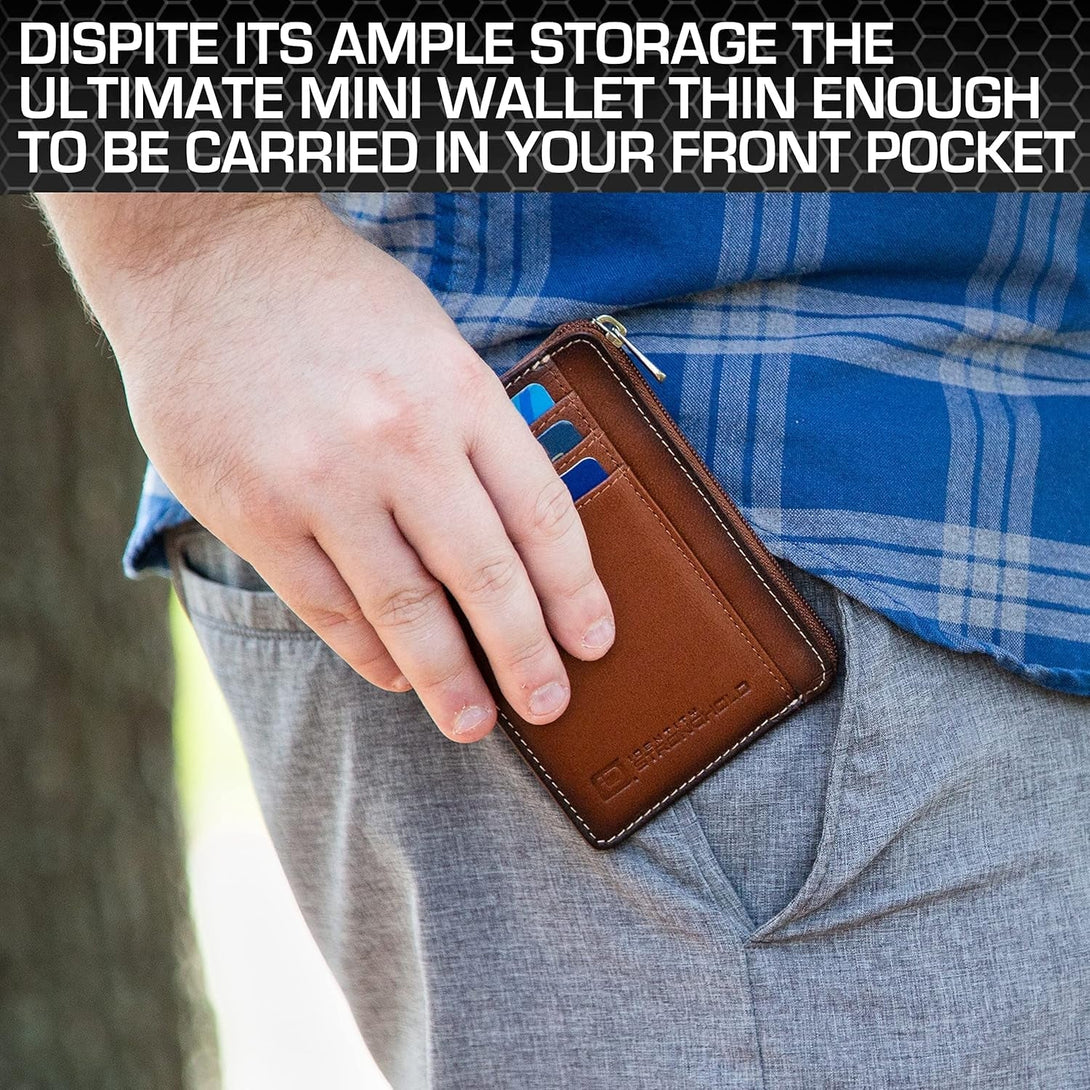 ID Stronghold RFID Front Pocket Wallet Mini Minimalist Wallet Slim Wallet Genuine Leather with Zipper (Antiqued Brown)