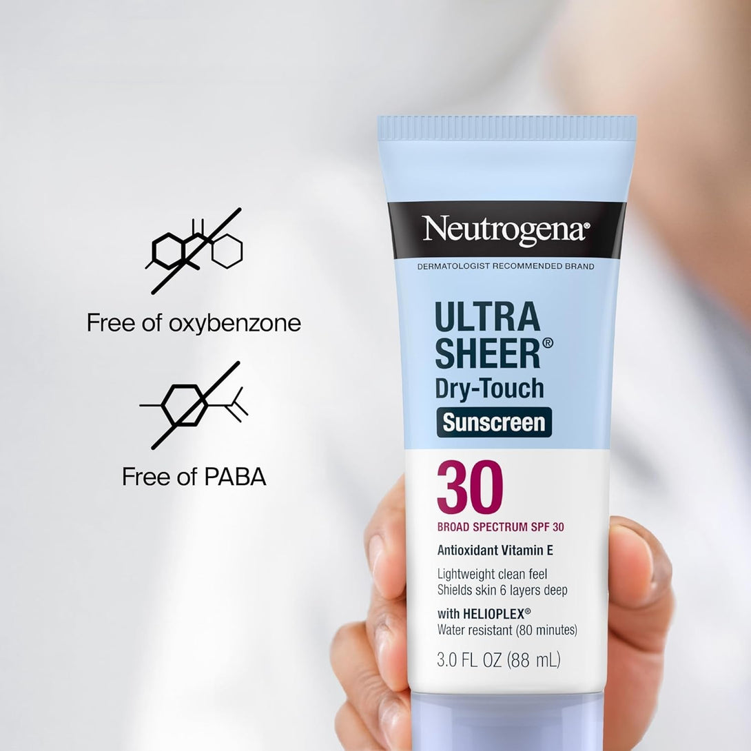Neutrogena Ultra Sheer Dry-Touch Sunscreen for Face & Body, SPF 30 Broad Spectrum UVA/UVB Protection, Lightweight Water Resistant & Non-Greasy, Travel Size Sunscreen, 3 Fl. Oz