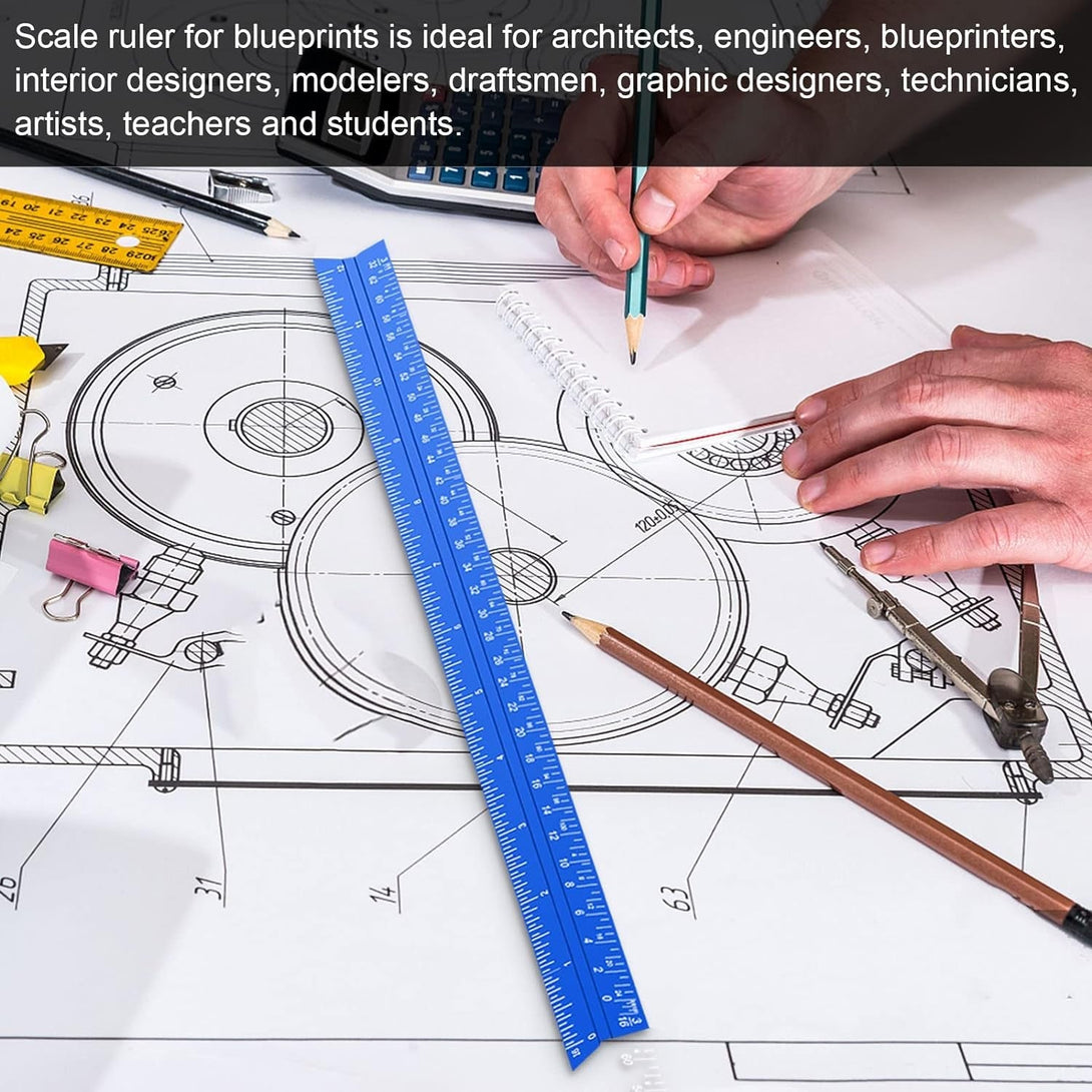 Architectural Scale Ruler, 12'' Imperial Architect Scale, Engineer Scale Ruler for Blueprints, Aluminum Triangle Drafting Ruler (Blue)