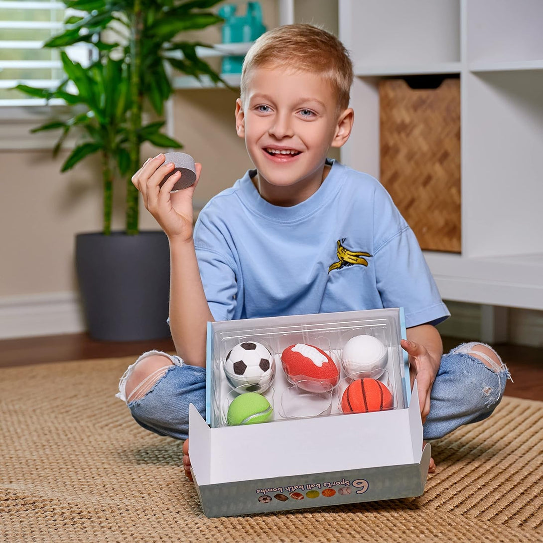 6Pc Sporty Kids Bath Bombs with Surprise inside - Girls & Boys Bath Toys W/ 6 Sports Prizes - Perfect for Birthdays, Holidays -Toddlers 3+