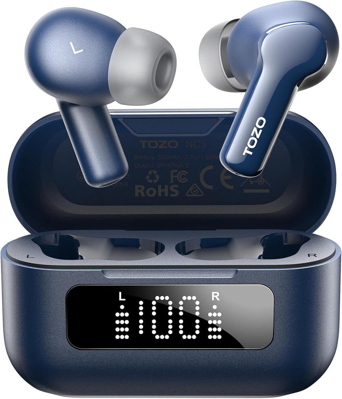 TOZO Hybrid Active Noise Cancelling Wireless Earbuds with 6 Mics AI Clear Call Ear Buds 55H Playtime with LED Display 32 Preset Eqs via APP Bluetooth 5.3 IPX8 Waterproof in Ear Headphones