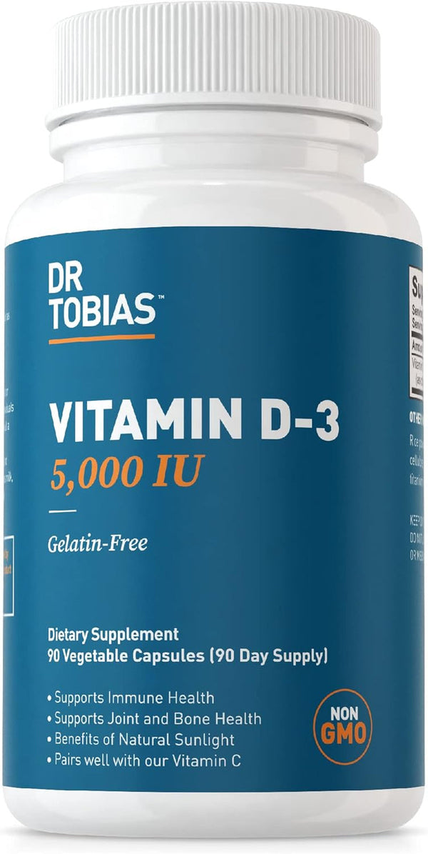 Dr. Tobias Vitamin D3 5000 IU, Essential for Healthy Bones, Teeth, and Immune System, Extra Strength Vitamin D Supplement, Non-Gmo, 90 Capsules, 90 Servings