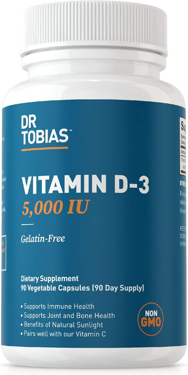 Dr. Tobias Vitamin D3 5000 IU, Essential for Healthy Bones, Teeth, and Immune System, Extra Strength Vitamin D Supplement, Non-Gmo, 90 Capsules, 90 Servings