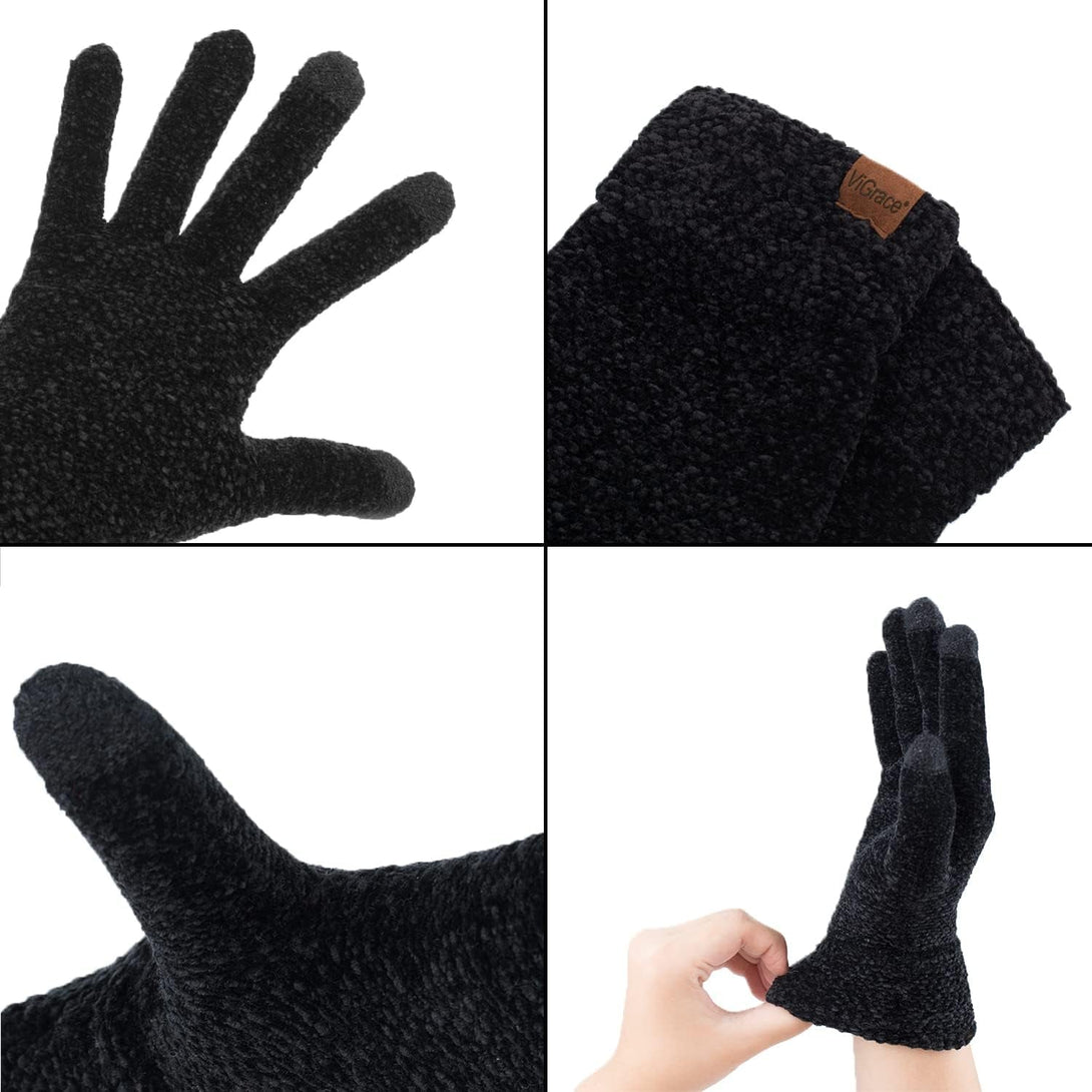 Vigrace Winter Touchscreen Gloves for Women Chenille Warm Knit with 3 Touch Screen Fingers Texting Elastic Cuff Thermal Glove