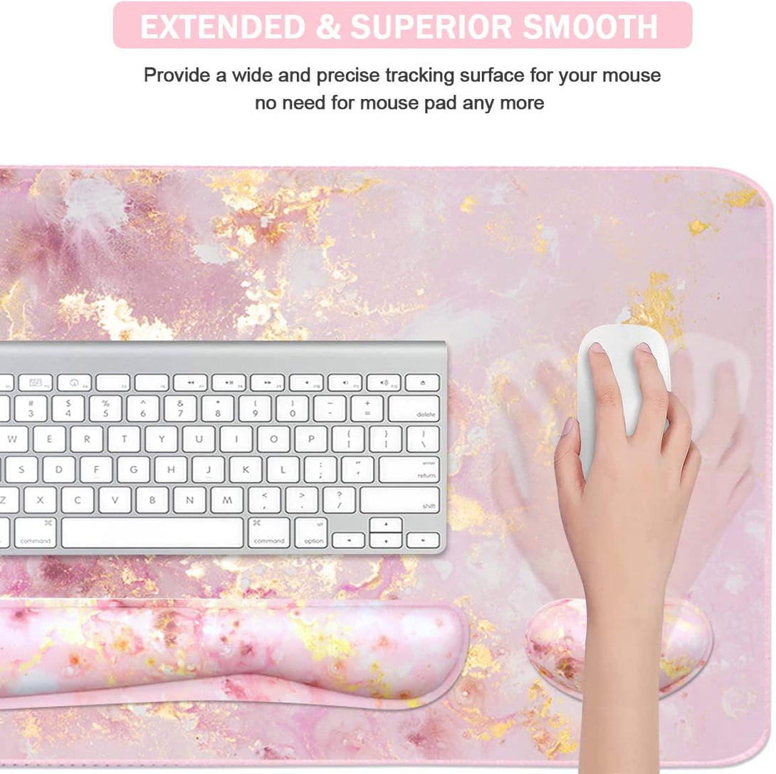 4-In-1 Large Gaming Mouse Pad, Keyboard Wrist Rest Pad & Wrist Support Mousepad Set, Extended Desk Pad Waterproof Desk Mat for Home Office Study Game-Pink Gold Marble