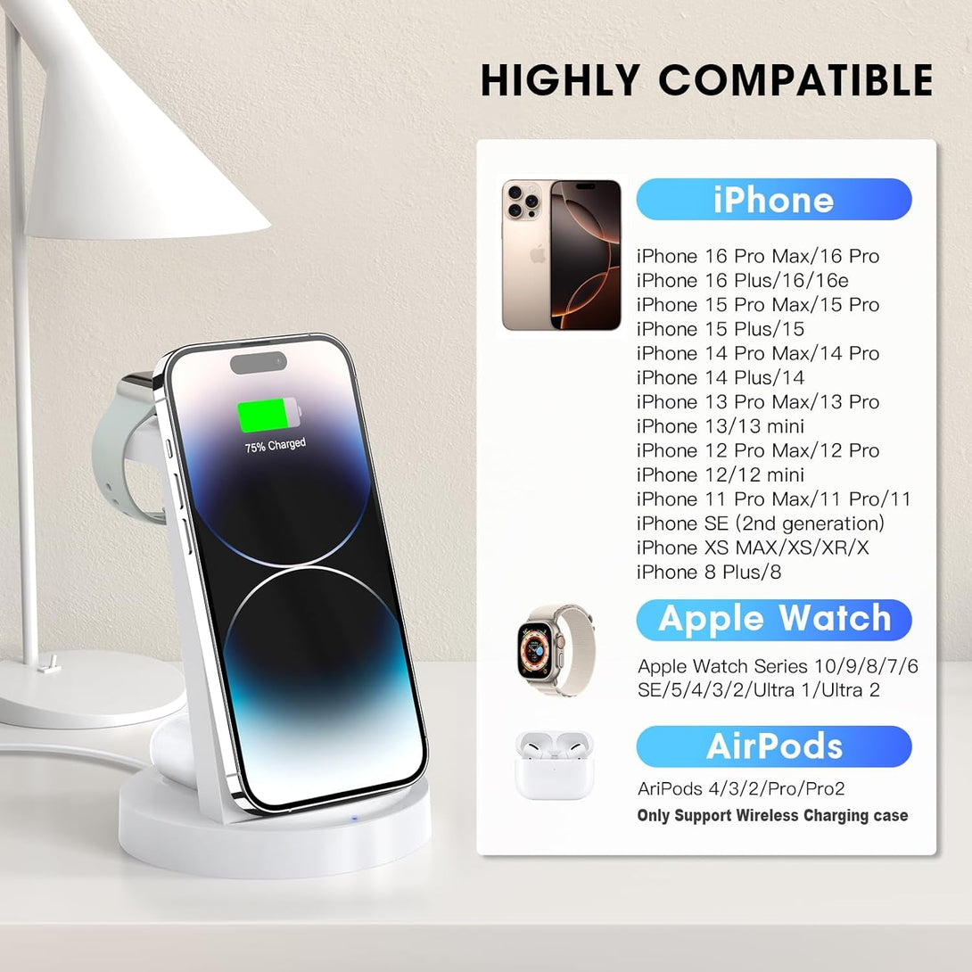 3 in 1 Charging Station for Iphone - Wireless Charger for Apple Products Multiple Devices - Charging Dock Stand for Airpods (For Iphone 16E 16 15 14 13 Pro 12 11 X Max)
