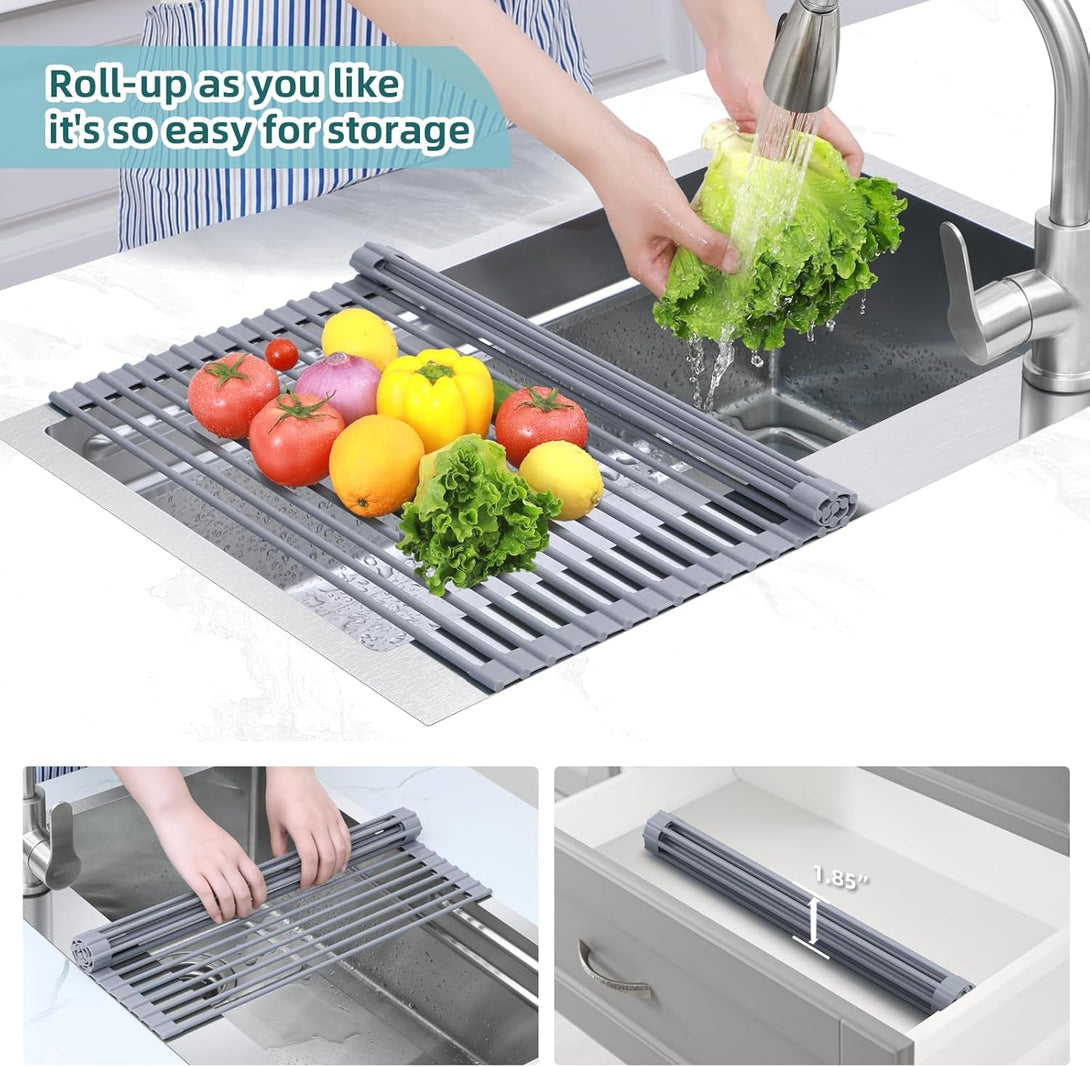 Ohuhu over Sink Dish Drying Rack, Silicone Wrapped 17.6" W X 15.4" L Large over the Sink Roll up Dish Drainer - Foldable Sink Drying Rack Rolling Drain Mats Anti-Slip Multipurpose for Kitchen Counter