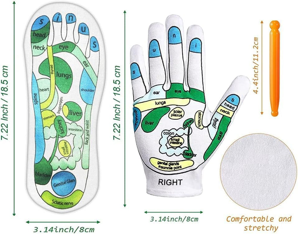 Acupressure Socks and Gloves - 4 Pcs Reflexology Socks with Tools, Tutorial Reflexology Gloves with Massage Sandal, Pain Relief Acupuncture Socks for Foot Massage (2 Rods)