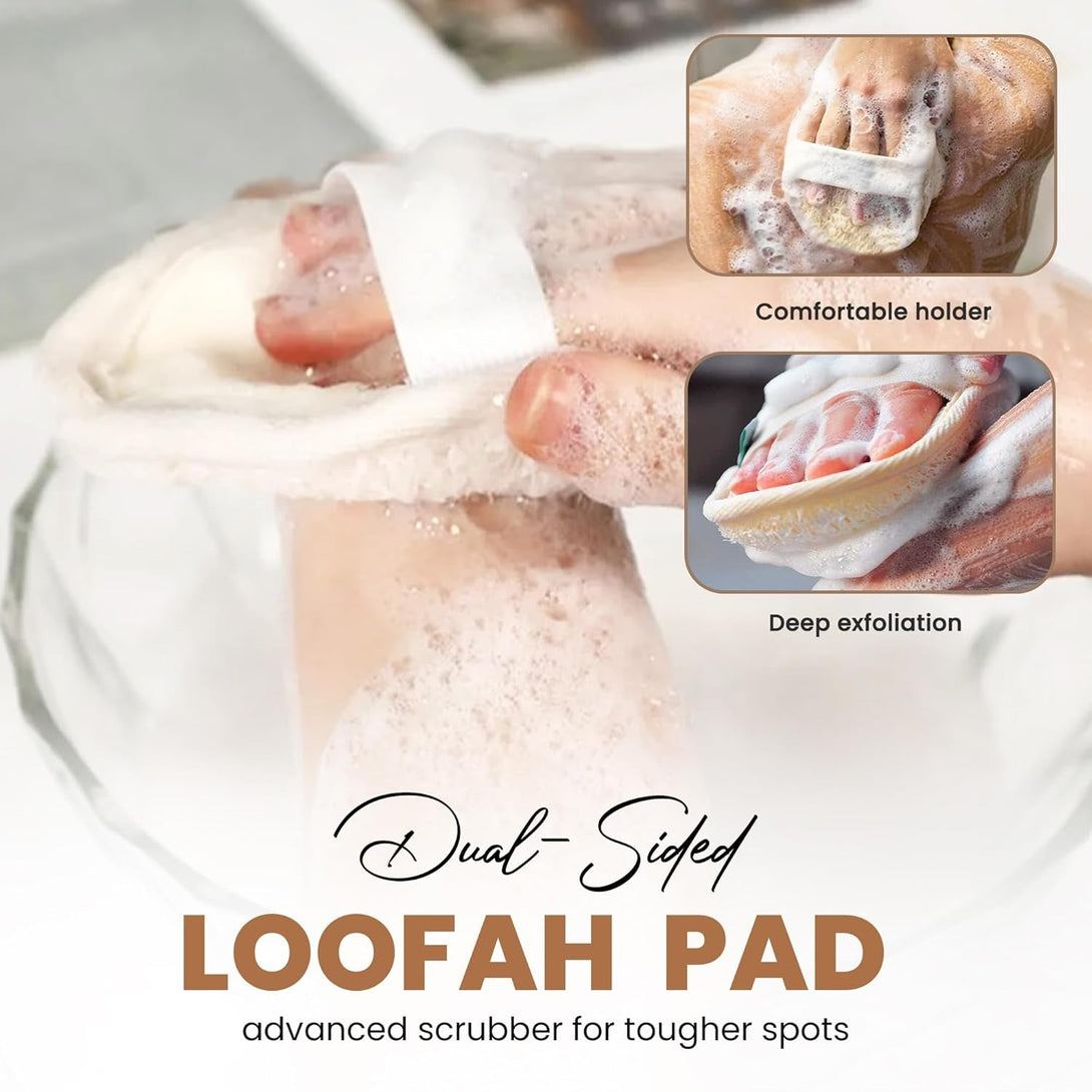 Loofah Exfoliating Body Scrubber Pack - Ramie Shower Pouf, Natural Bath Sponge, Women Bathing Sponges for Exfoliation, Organic Washing Glove, Soft Mesh Exfoliator, Cleaning Mitten
