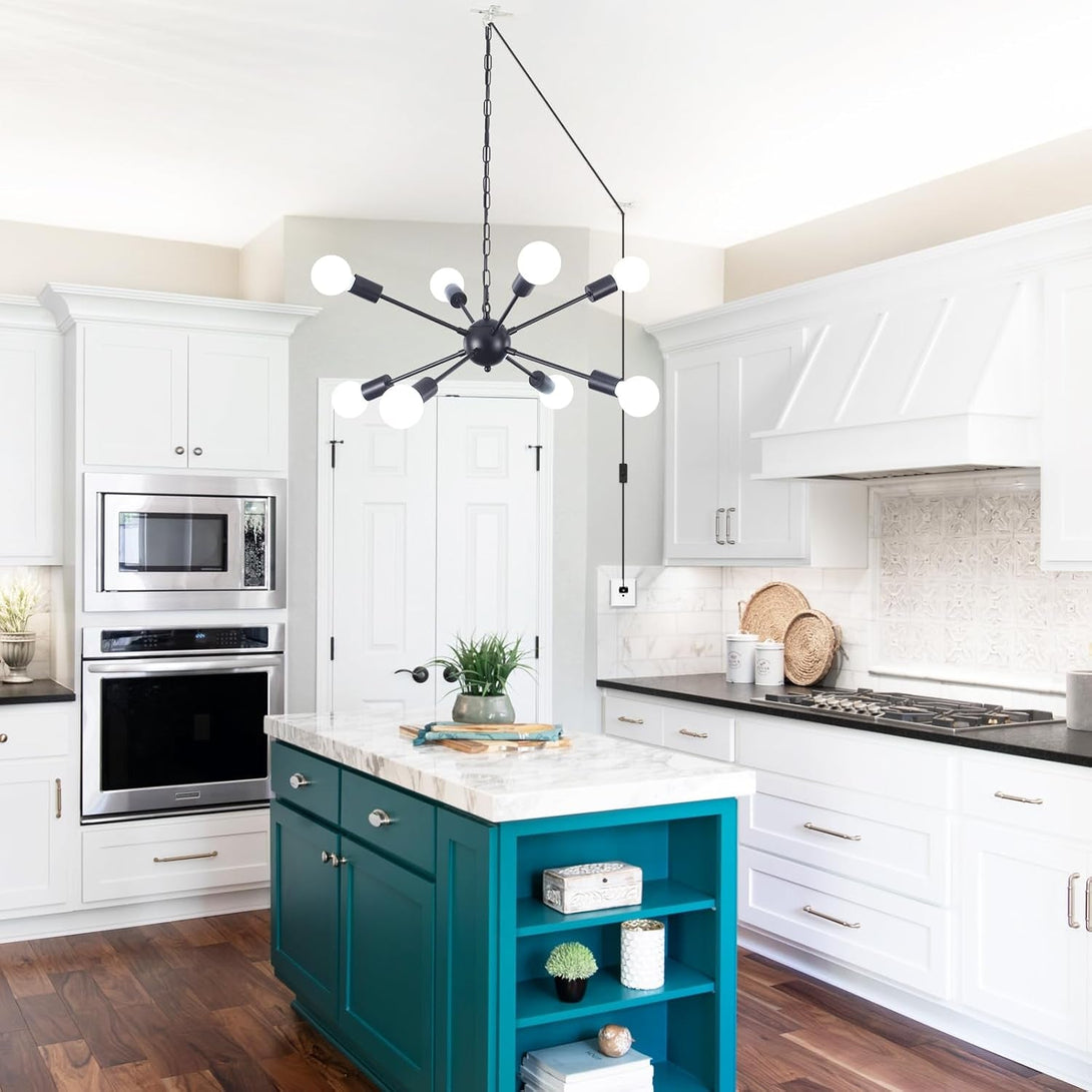 8 Lights Plug in Chandelier Sputnik Ceiling Light Fixture Black Hanging Lights with Plug in Cord 16.4Ft Sputnik Chandeliers for Dining Room Living Room Bedroom Foyer