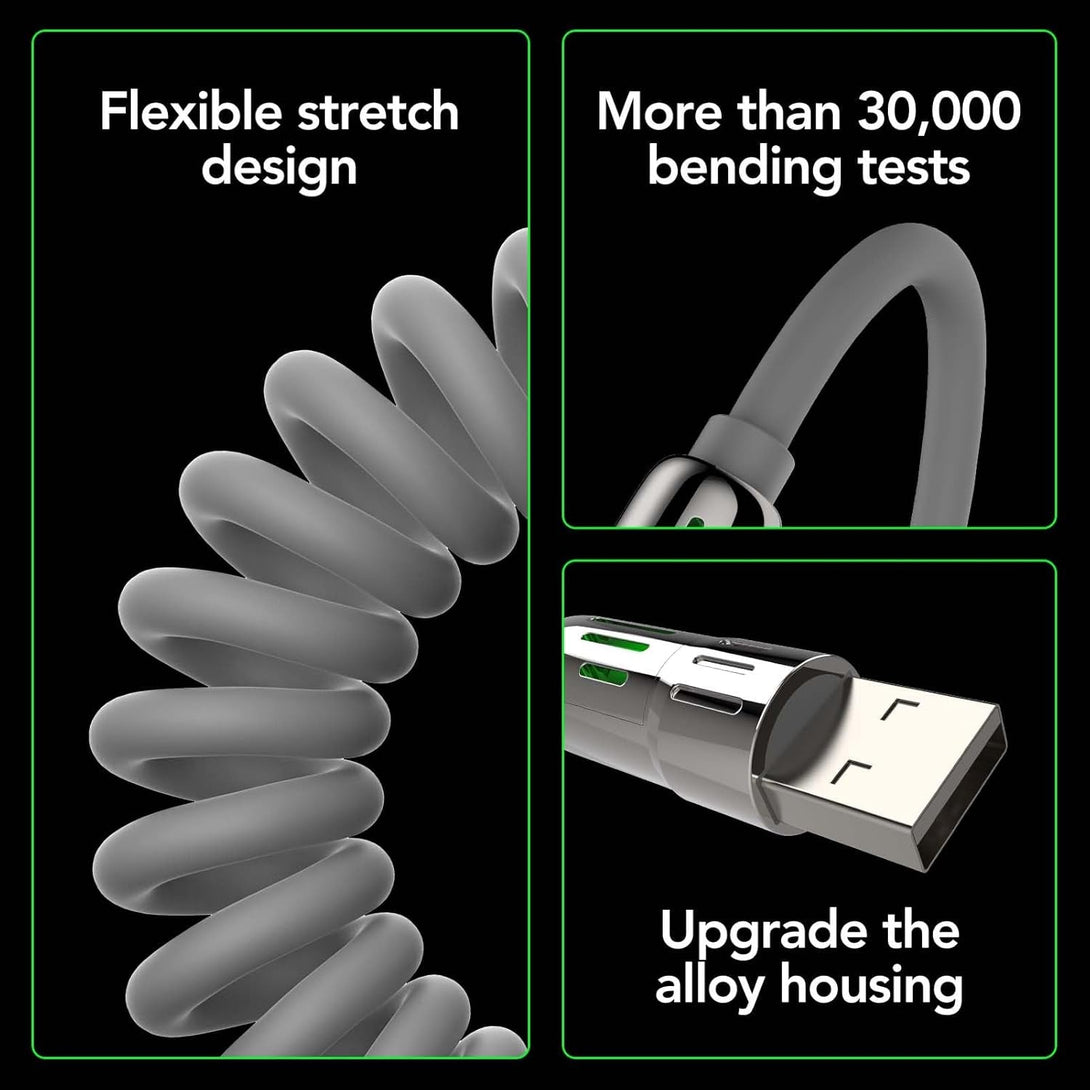 4-In-1 Coiled Universal USB Charging Cable -MAX 240W Fast Charging/Charger Cord with Multi USB Port for Iphone 16/15 14 13 Ipad Samsung Galaxy Macbook Ipad Tablets and More (Grey, 6Ft)