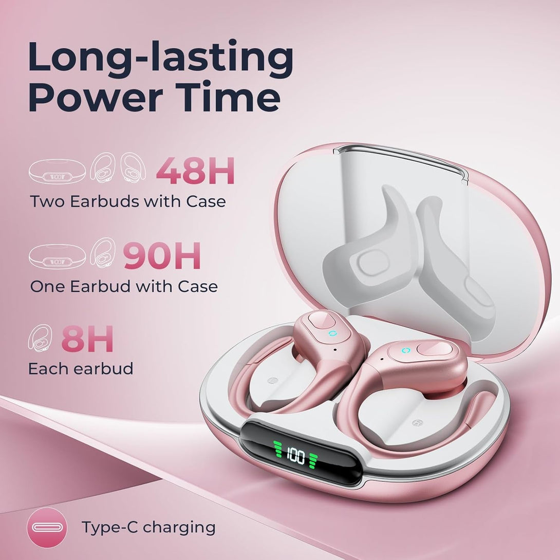 Occiam Wireless Earbuds Bluetooth Headphones 90H Playback Sport Ear Buds with Earhook LED Display Charging Case in Ear Sweatproof Running Earphones for Workout Ios Android Cellphone,Rose Gold