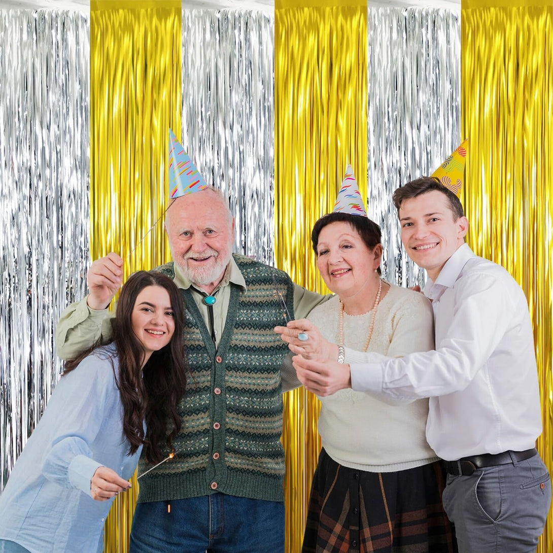 GOER 6.4 Ft X 8.2 Ft Metallic Tinsel Foil Fringe Curtains Party Backdrop Party Streamers for Birthday,Graduation,New Year Eve Decorations Wedding Decor (2 Pcs,Gold&Silver)