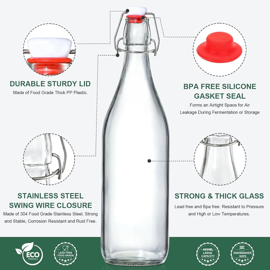8 Set, 16 OZ Swing Top Glass Bottles - Flip Top Beer Brewing Bottles with Stopper for 2Nd Fermentation, Kombucha, Mead Kefir, Vanilla Extract, Juice, Tea, Wine - Airtight Cap Lids, Bonus 2 Pourers