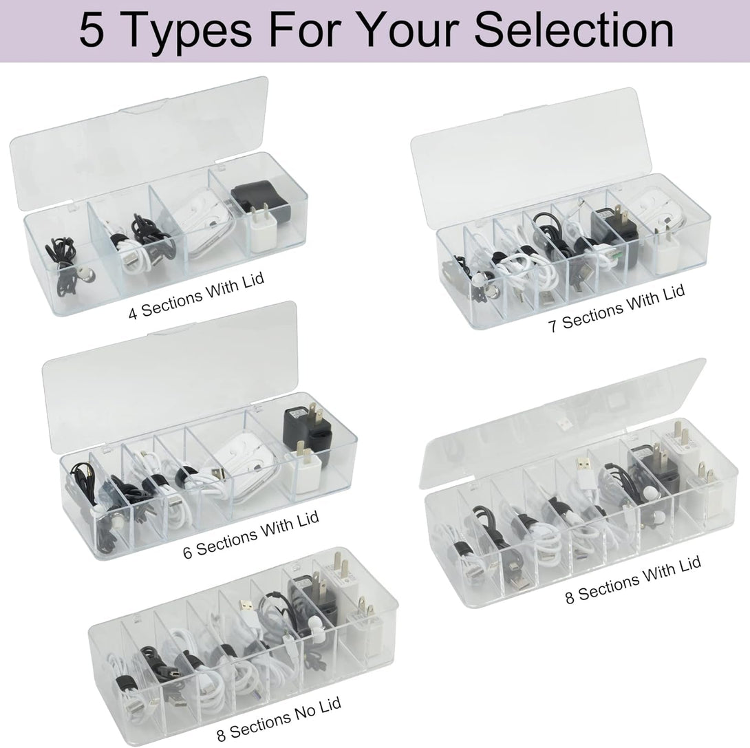 Electronics Organizer 7 Sections Clear Acrylic Cable Storage Bin Box Cord Holder with 20 PCS Reusable Fastening Fabric Cable Ties Straps Cord Wraps (7 Sections/With Cover)
