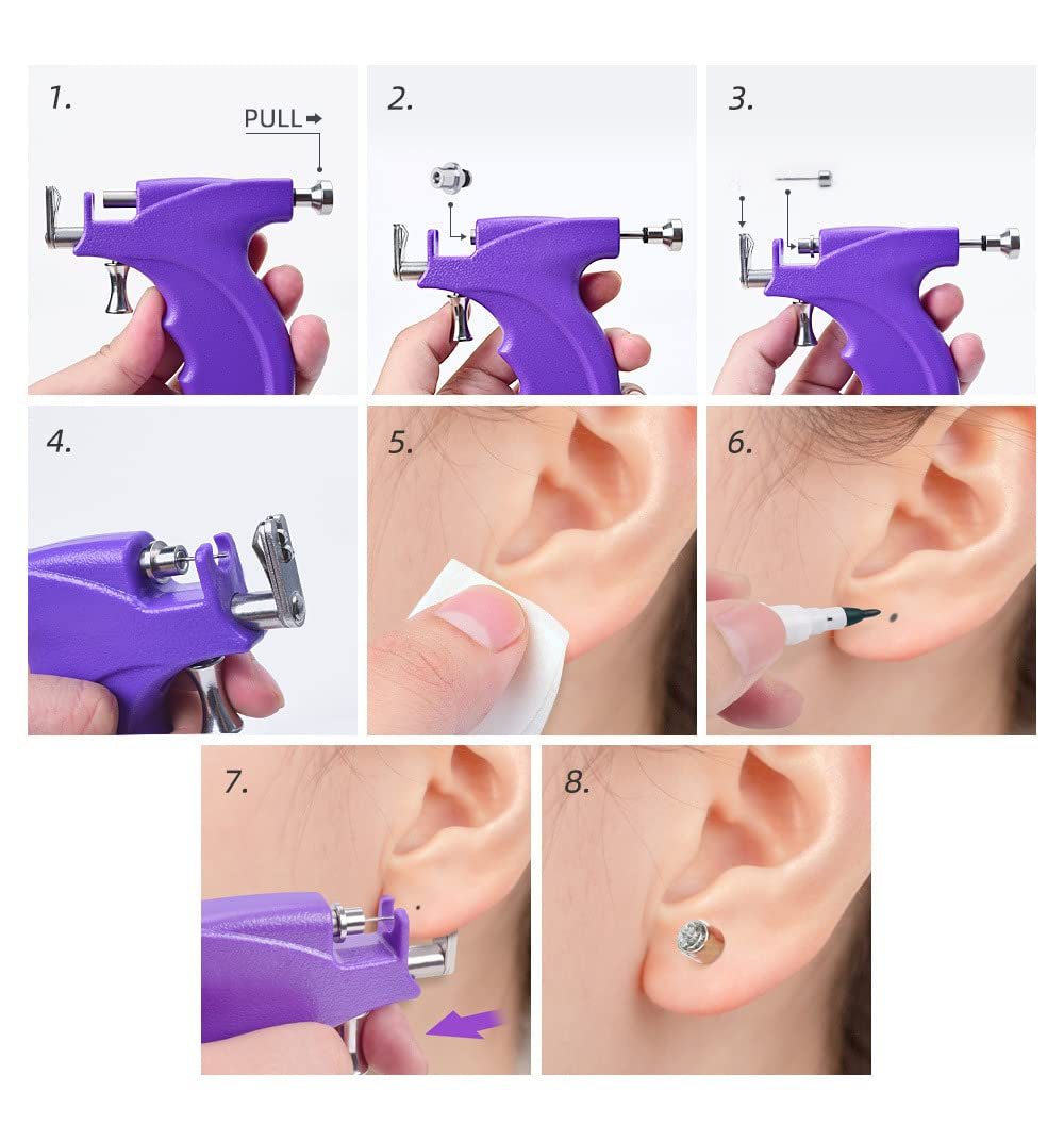 Professional Ear Piercing Gun Kit Reusable for Body Nose Lip Piercing with 16 Pairs Hypoallergenic Earrings (6 Pairs Sterling Silver Stud Earrings 18K Yellow Gold Plated+10 Pairs Gun Stud Earrings)