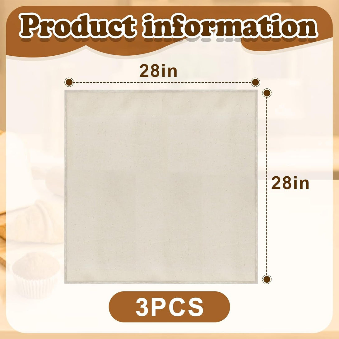 3Pcs All-Cotton Tea Towels for Baking Sourdough - 28" Unbleached Bread Basket Flour Sack Towels, Proofing Cover Cloth for Dough Raising Baguettes Loaves Ciabatta, Bread Making Accessories Bakers Gift