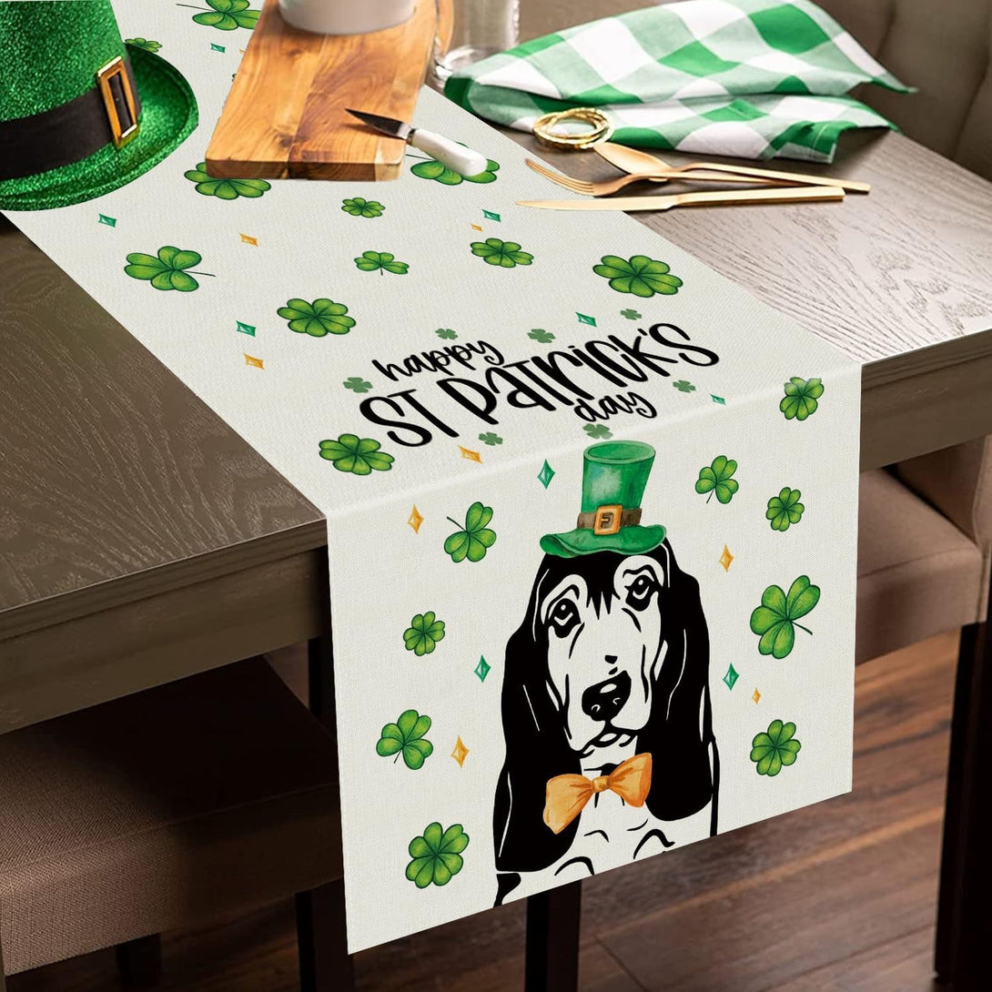 GPGHE St Patricks Day Table Runner Basset Hound Dog Shamrock Table Runners Seasonal Holiday Party Kitchen Dining Table Decorations Indoor Outdoor Home Decor 13X72 Inch